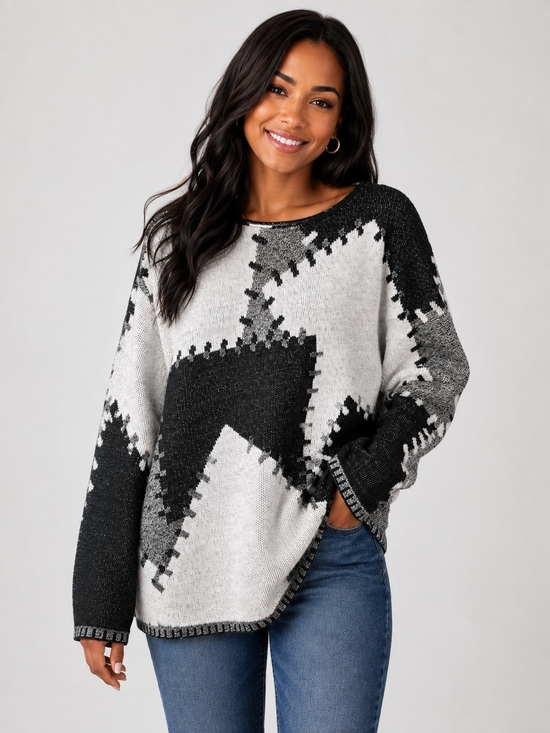 Willow Ridge Sweaters - Willow Ridge Black & Gray Vintage Abstract Patchwork Crewneck Sweater